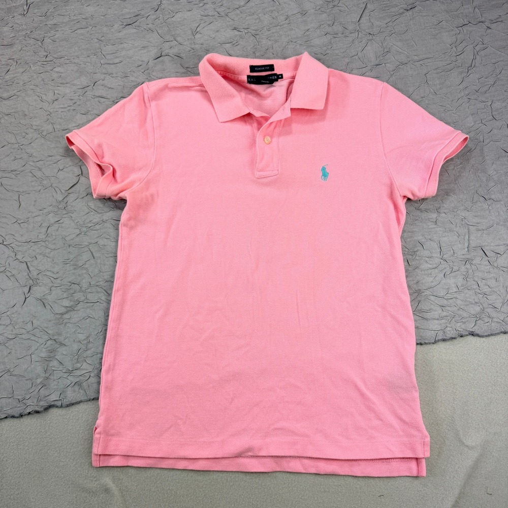 Ralph Lauren Classic Fit Pink Cotton Polo Shirt Turquoise Pony Womens Medium